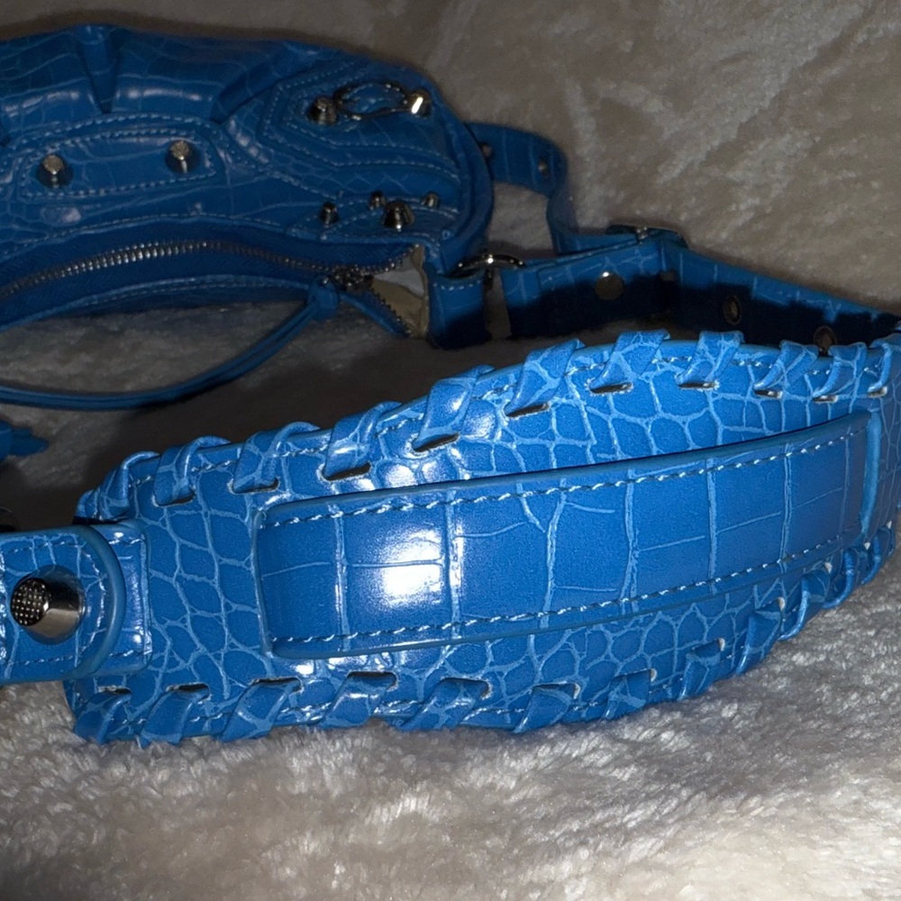 Y2K Grunge Electric Blue Studded Croc Shoulder Bag Attached Heart Mirror Wallet - Picture 12 of 16